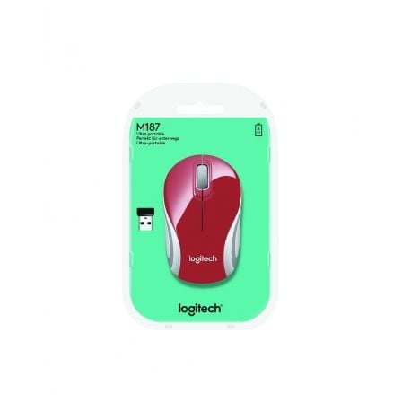 Ratón Mini Inalámbrico Logitech M187/ Hasta 1000 DPI/ Rojo