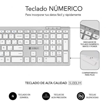 Teclado Inalámbrico por Bluetooth Subblim 2PUE200 Pure Extended/ Plata